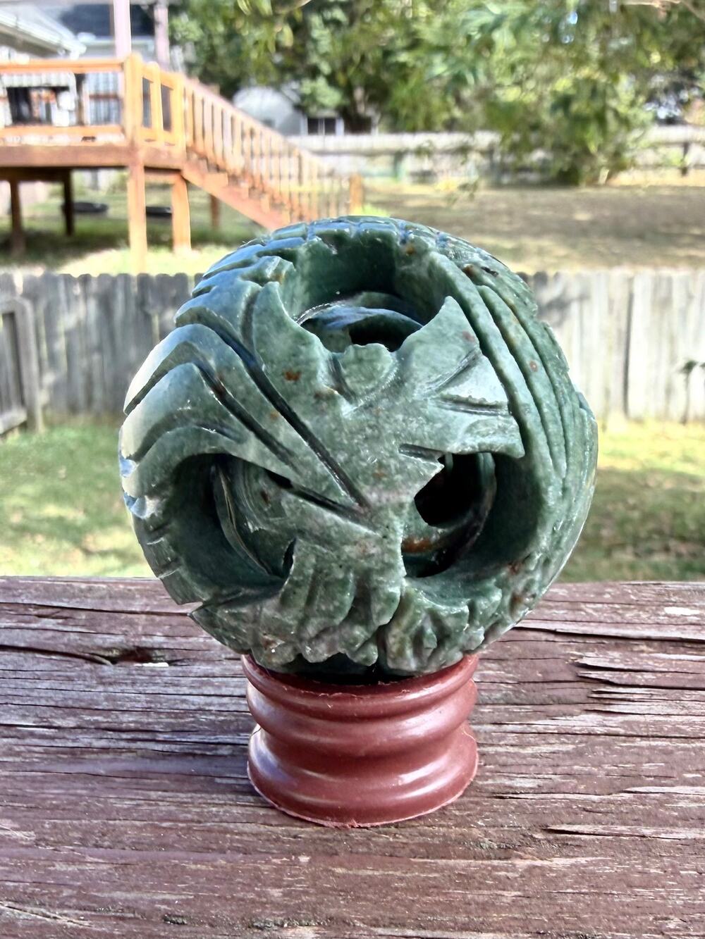 Vintage Chinese Jade Serpentine 3-Layer Magic Puzzle Ball Dragon Phoenix 2.25"